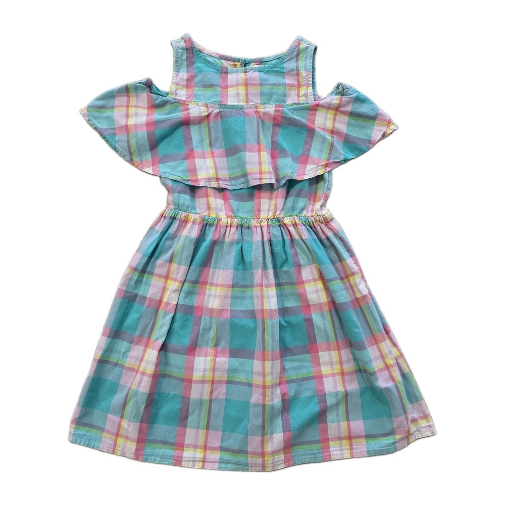 Gap Kids Girls Size Medium M 8 Plaid Cold Shoulder Dress Neon Coral Volt